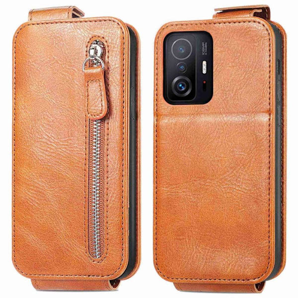 Vertical Flip Phone Etui med Zipper til Xiaomi 11T / 11T Pro - Brun Brown