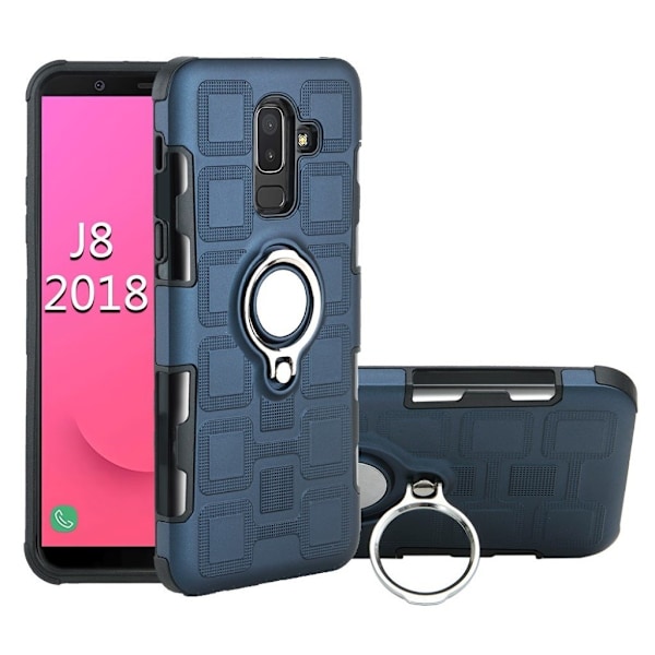 Samsung Galaxy J8 (2018) mobilskal plast silikon ringhållare utfällbart ben magnetiska bilhållare - Mörkblå Blå