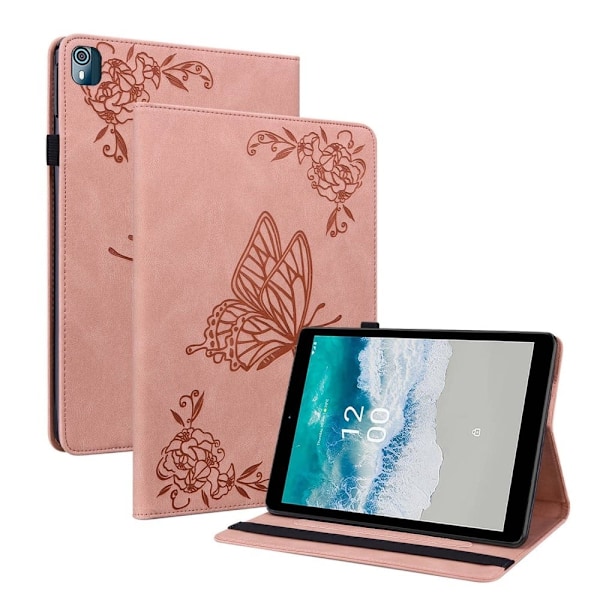Läderfodral med fjärilsblommönster för Nokia T10 (2022) - Rosa Rosa