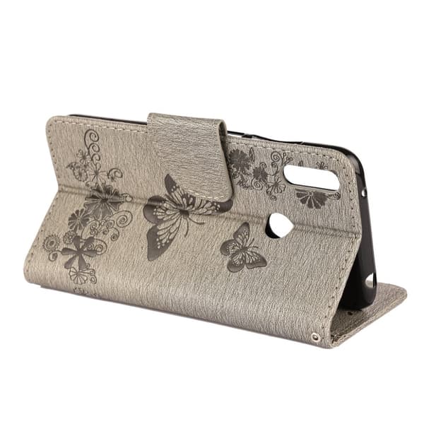 Huawei Y6 2019 sommerfugleprint på lædercover - grå Silver grey