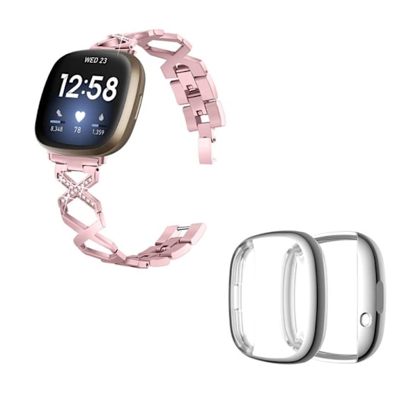 Fitbit Sense / Versa 3 X-formad strassdekor klockarmband med silverfodral - Rosa Ros Rosa