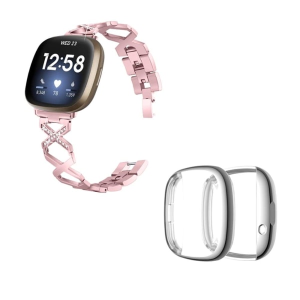 Fitbit Sense / Versa 3 X-muotoinen strassikoristeinen kellonhihna hopeisella kannella - Ruusu Vaaleanpunainen Pink