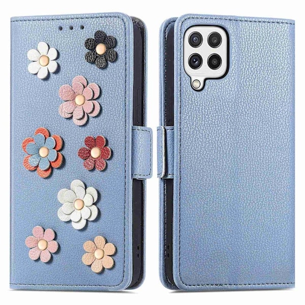 Mjukt läder Samsung Galaxy A12 5G fodral med blomdekor - Blå Blå