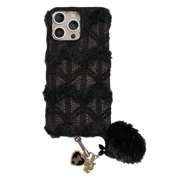iPhone 16 Pro Case Soft Plush Hard Bump Resistant Winter Phone Cover with Cute Keychain Accessory - Black Black
