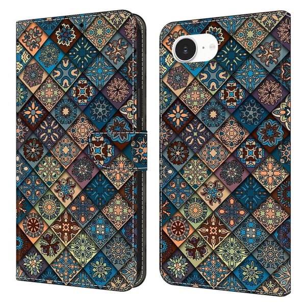 iPhone 16e Plånboksfodral Mönster Tryck Stativ Läder Flip Phone Cover - Blå Blommor Blå