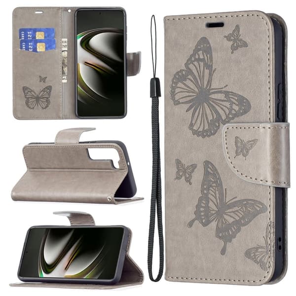 Butterfly Samsung Galaxy S22 nahkakotelo - Harmaa Silver grey