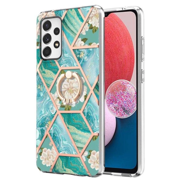 Marble Mønstret Cover med Ring Holder til Samsung Galaxy A13 4G - Blå Blomster Blue