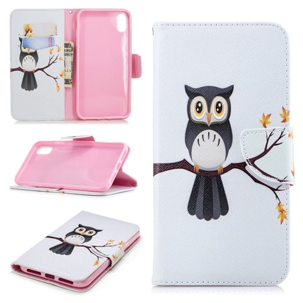 iPhone Xs Max flip cover i læder med mønsterprint - En Ugle Står På En Gren Multicolor