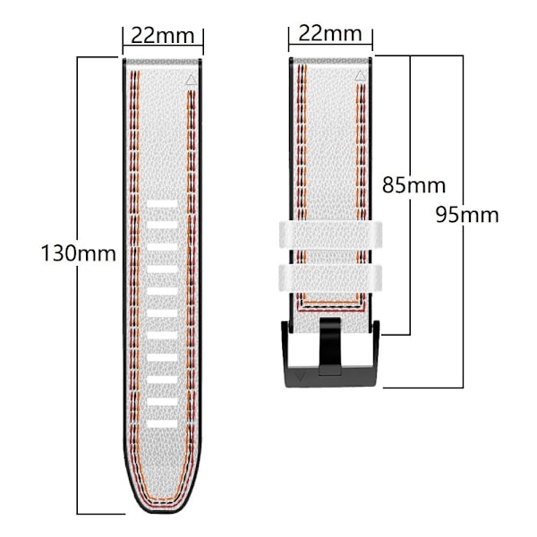 22 mm trefarvet læder med silikone-urrem til Garmin- og Coros-ure - Hvid White