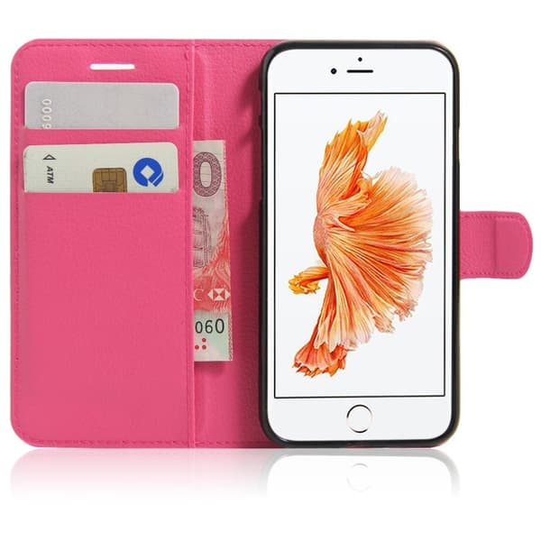 Laudrup iPhone 7 / 8 Litchi Grain læderpung med stativ - Hot Pink Pink