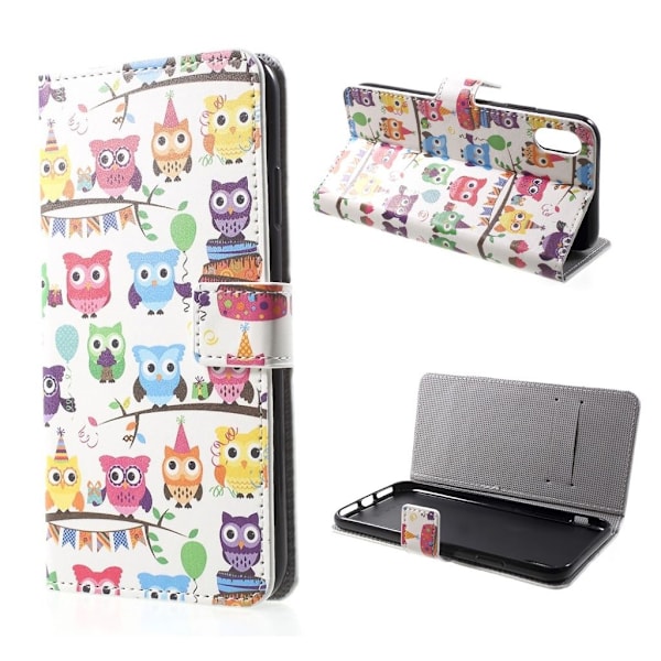 iPhone Xs Max læder flip cover med mønsterprint - Flere Ugler Multicolor