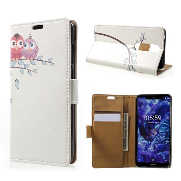 Nokia 5.1 Plus Kuviollinen Synteetti Nahkainen Lompakko Suojakotelo - Pöllöpari Haaralla Multicolor