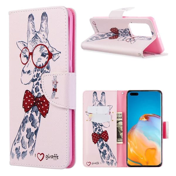 Wonderland Huawei P40 Pro flip etui - Adorable Giraffe Med briller Pink