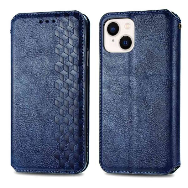 Läder iPhone 14 Plus fodral med romb-design - Blå Blå