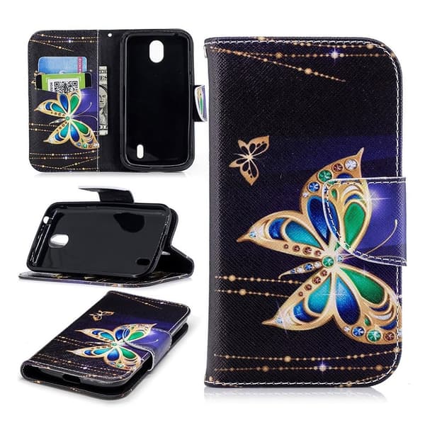 Nokia 1 Etui laget av kunstlær og silikon - Gull sommerfugl Multicolor