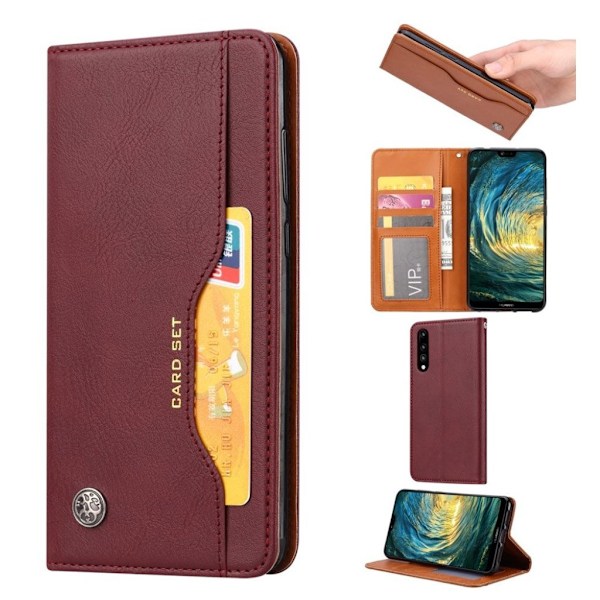 Huawei P20 auto-absorberende PU læder flip etui - Vinrød Red