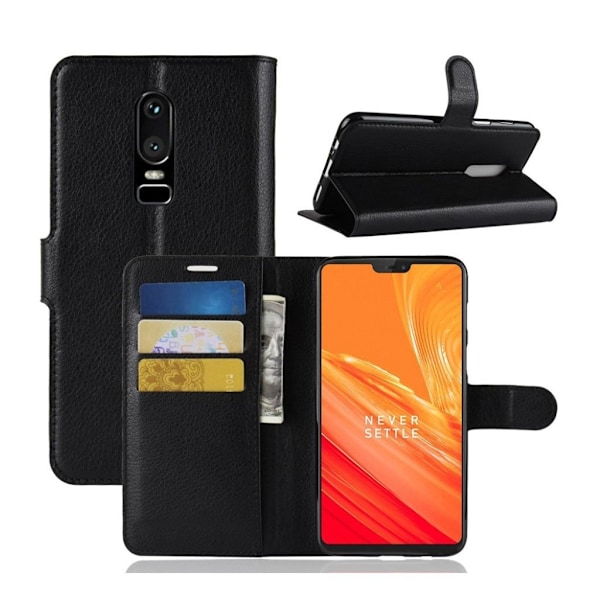 Oneplus 6 beskyttelsesetui i kunstlæder med Litchi overflade. Med stativ og kortlommer - Sort Black