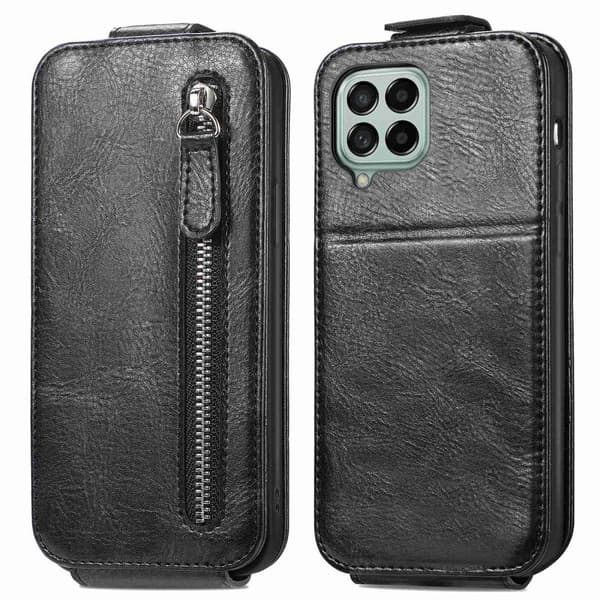 Vertical Flip Phone Etui med Zipper til Samsung Galaxy A12 5G - Sort Black