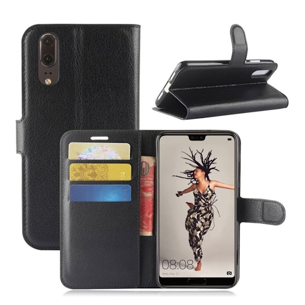 Huawei P20 litchi tekstur PU læder flip etui - Sort Black