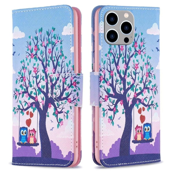 BF Pattern Printing Leather Series-2 iPhone 14 Pro Max 6.7 inch Wallet Phone Case Vegansk Læder Magnetic Clasp Stand Cover - To Ugler Purple