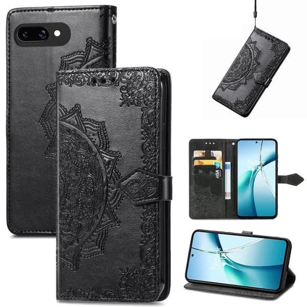 Google Pixel 9a Plånboksfodral Mandala Flower Läder Telefonfodral Stativ - Svart Svart