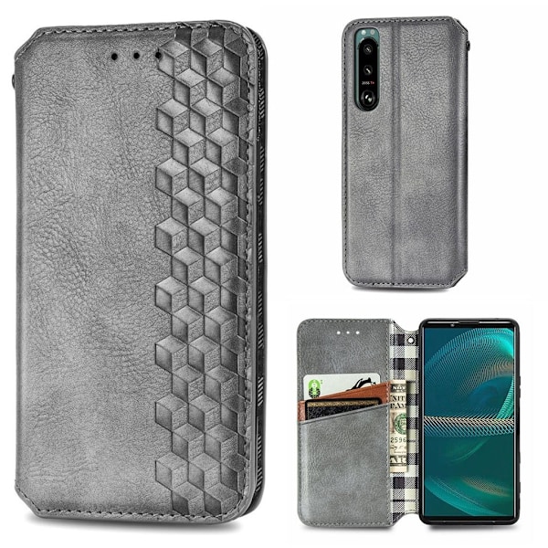 Läder Sony Xperia 5 III fodral med romb-design - Silver/Grå Silvergrå