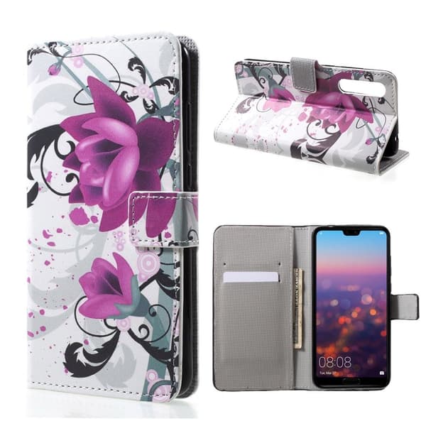 Huawei P20 Etui laget av kunstlær og silikon – Lilla blomster Multicolor
