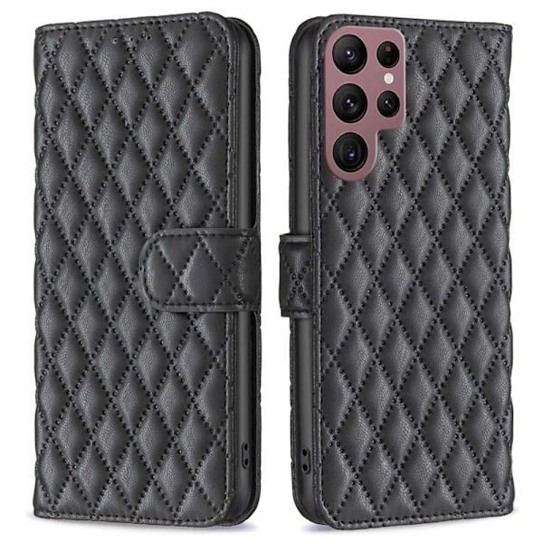 Rhombus mat Samsung Galaxy S22 Ultra flip etui - Sort Black