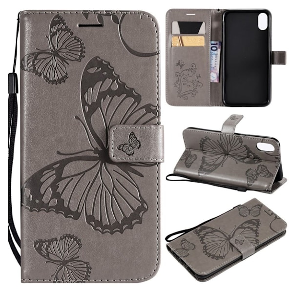 Butterfly iPhone Xs Max Læderetui - Sølv/Grå Silver grey