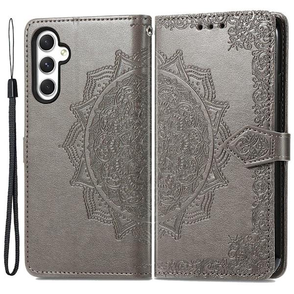 Mandala Samsung Galaxy M14 nahkakotelo - Harmaa Silver grey