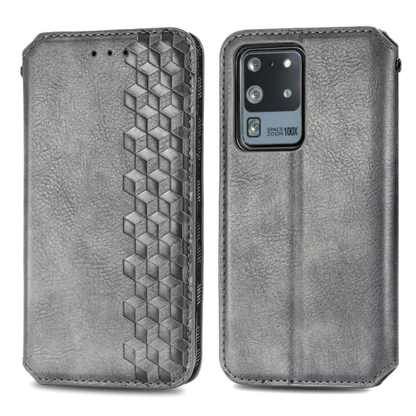 Læder Etui med A Stilfuldt Rhombus Tryk til Samsung Galaxy S20 Ultra - Grå Silver grey