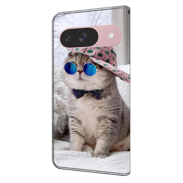 Google Pixel 9 / 9 Pro Etui med pung Mønster print Stand Leather Flip Phone Cover - Hat Kat Silver grey