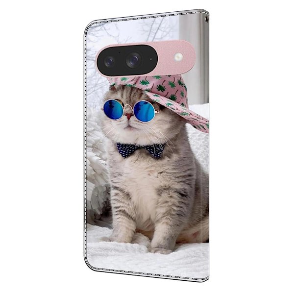 Google Pixel 9 / 9 Pro plånboksfodral mönstrat tryck stativ läder flip telefonskal - Hattkatt Silvergrå
