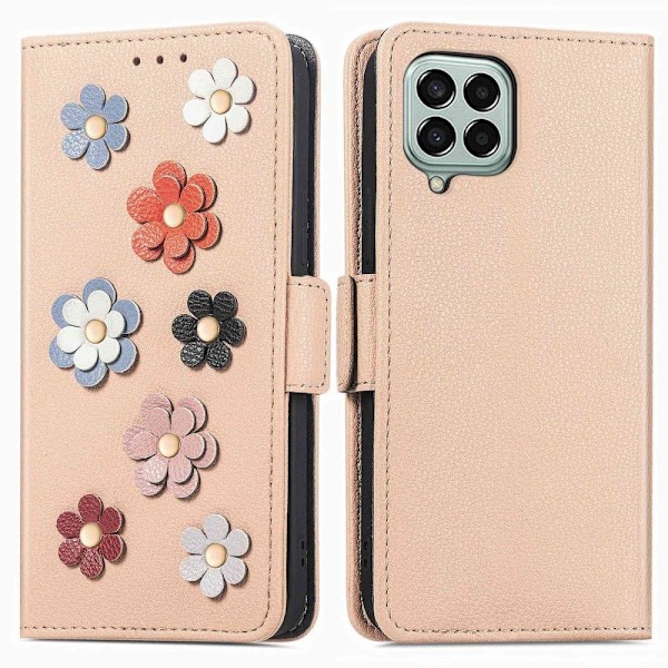 Mjukt läder Samsung Galaxy M33 5G fodral med blomdekor - Brun Brun