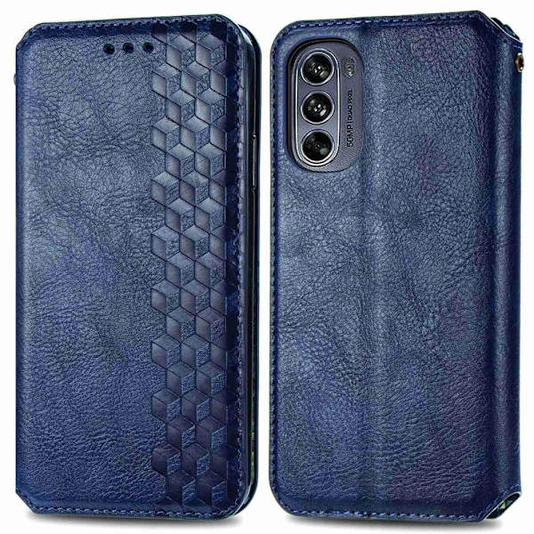 Läder Motorola Moto G62 5G fodral med romb-design - Blå Blå