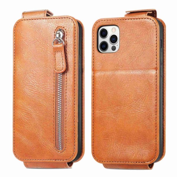 Vertical Flip Phone Suojakotelo With Zipper For iPhone 12 Pro Max - Ruskea Brown