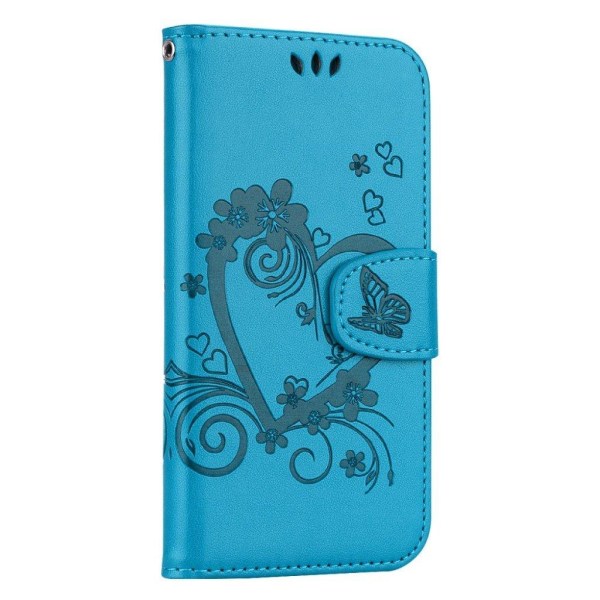iPhone Xr imprint heart flower leather flip case - Blue Blå