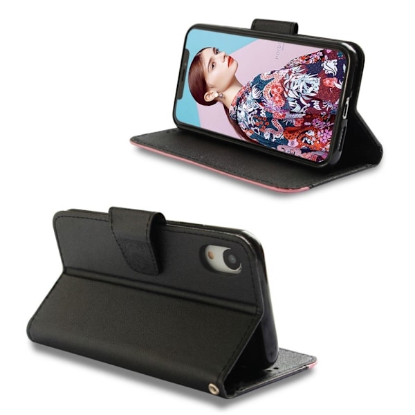 iPhone 9 Kaksivärinen Synteetti Nahkainen Lompakko Suojakotelo Magneetti Lukolla - Musta/ Ruusu Multicolor