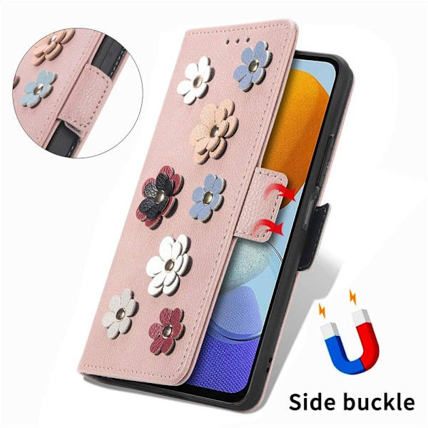 Blødt Samsung Galaxy M23 / Samsung Galaxy F23 læderetui med blomsterdekoration - Pink Pink