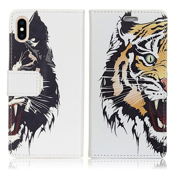 iPhone XS Max mobilfodral syntetläder silikon stående plånbok tryckmönster - Tiger multifärg