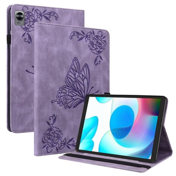 Realme Pad Mini läderfodral med fjärilsblommönster - Lila Lila