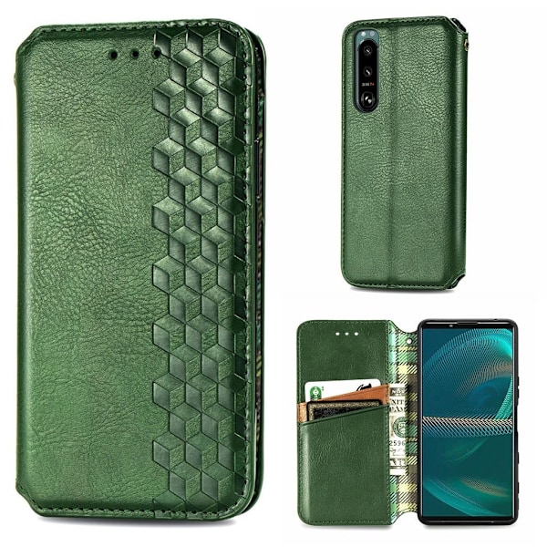Nahkakotelo With A Stylish Rhombus Imprint For Sony Xperia 5 III - Vihreä Green