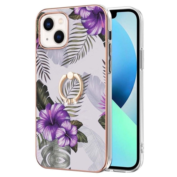 Marble Patterned Suojakuori With Ring Holder For iPhone 14 Plus - Purple Flowers Purple