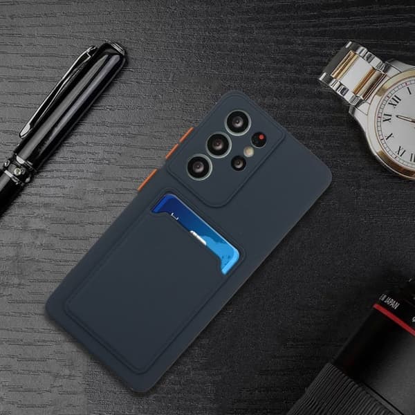 Card Holder Deksel til Samsung Galaxy S21 Ultra - Mørkeblå Blue