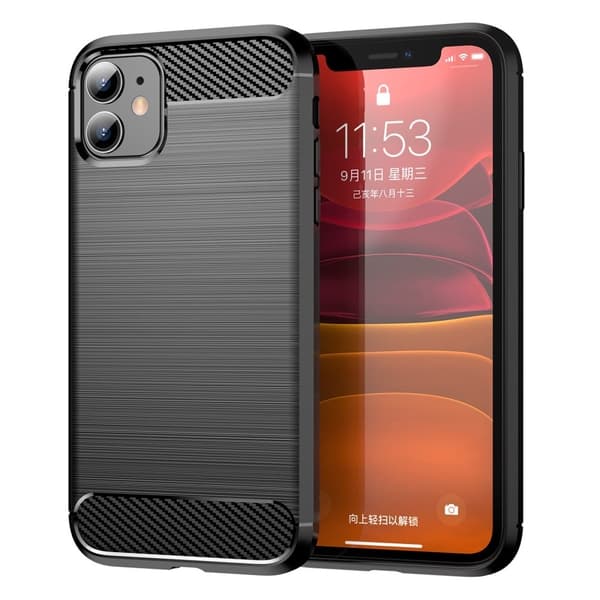 1,8 mm kulfiber børstet tekstur slagbuffer fleksibel bagside mobiltelefon cover iPhone 11 6,1 tommer - Sort Black