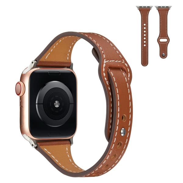 Apple Watch 42mm - 44mm slank urrem i ægte læder med nitte-design - Brun Brown