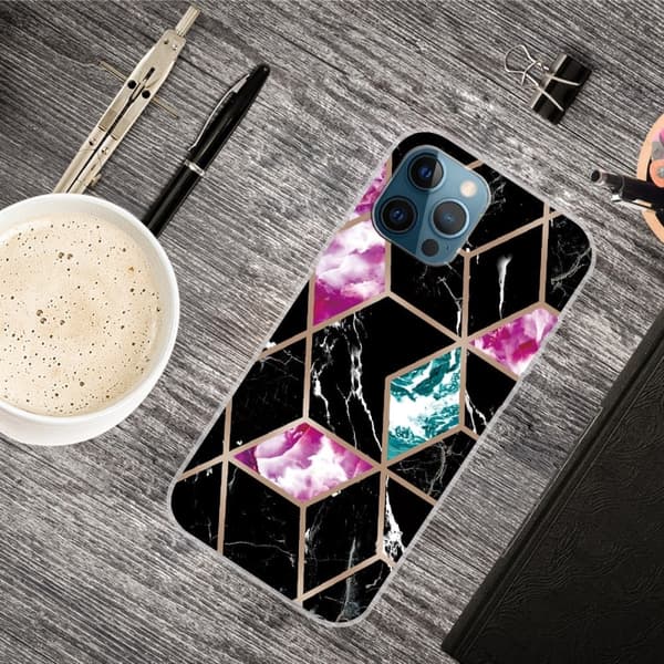 Marble iPhone 15 Etui - Tile Of Black / Cyan / Rose Black
