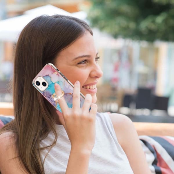 Marble Mønstret Deksel med Ring Holder til iPhone 15 - Milky Way Klinkekule Blue Blue