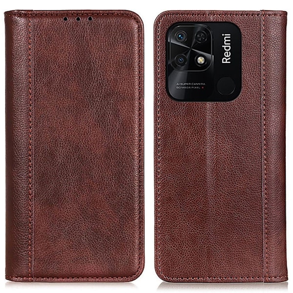 Äkta läder Xiaomi Redmi 10C fodral med magnetisk stängning Brun