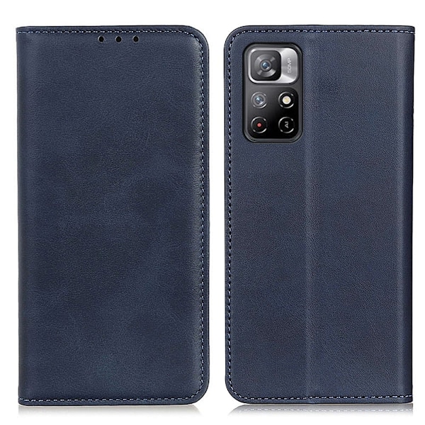 Flip Etui med Pung i Ægte Læder til Xiaomi Redmi Note 11T 5G / Note 11s 5g - Blå Blue